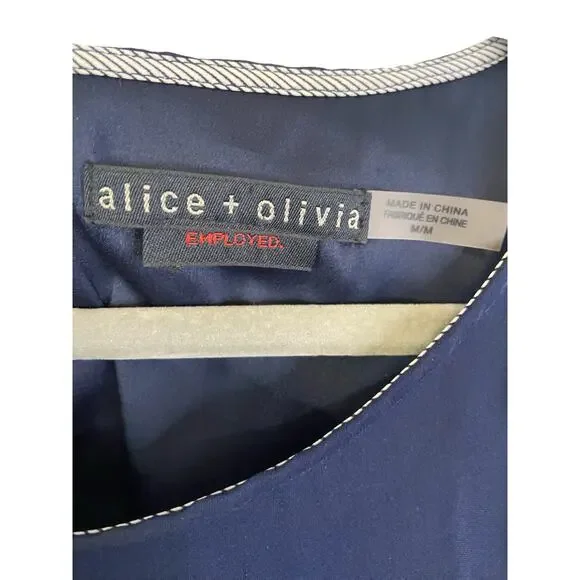 Alice + Olivia 100% Silk Sheer Blouson Sleeves Blouse Navy Blue Size MEDIUM
